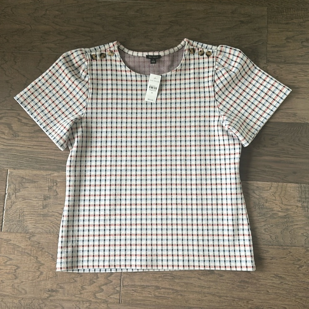 Ann Taylor Plaid Shoulder Button Top-New with Tags